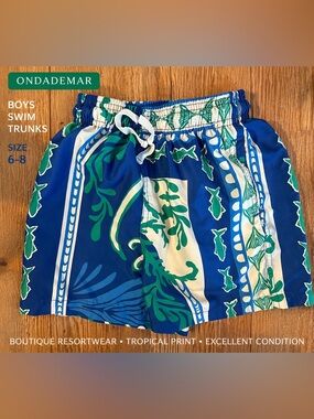 OndadeMar Boys Swim Trunks Blue Tropical Print Size 6-8 Resort Beach Shorts